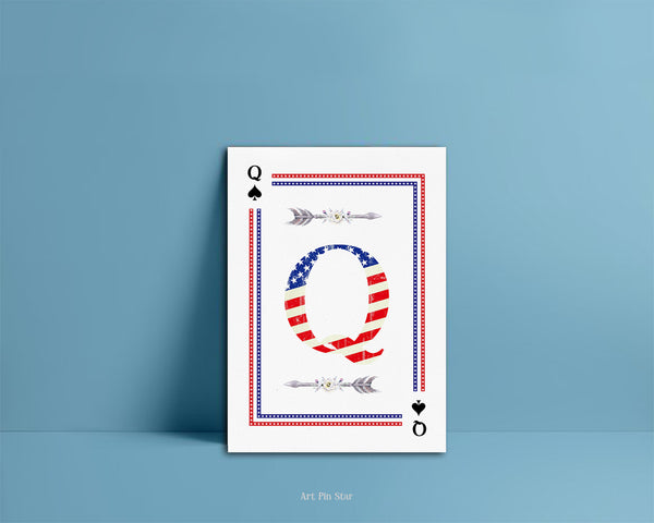 American Flag Letter Q Spade Monogram Note Cards