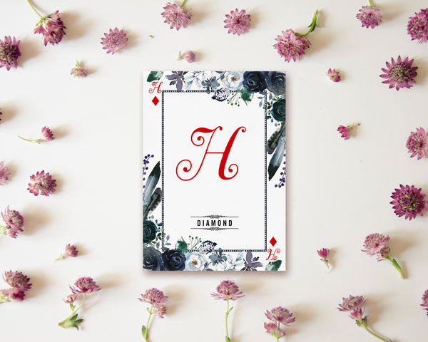 Watercolor Floral Flower Bouquet Initial Letter H Diamond Monogram Note Cards
