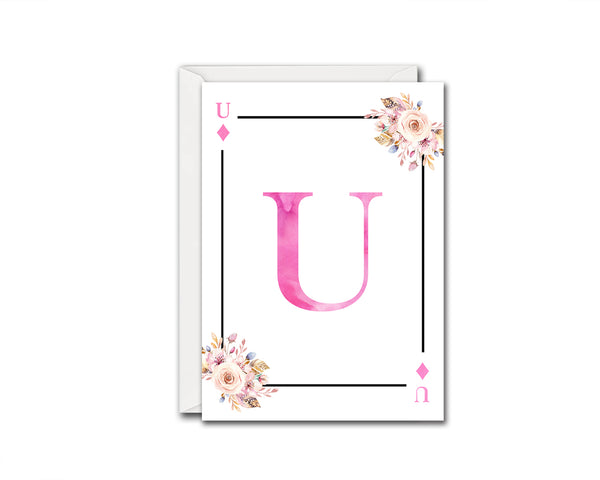 Boho Floral Bouquet Initial Flower Letter U Diamond Monogram Note Cards