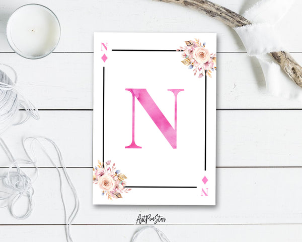 Boho Floral Bouquet Initial Flower Letter N Diamond Monogram Note Cards