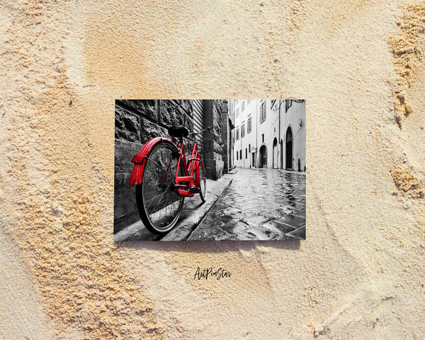 Retro Vintage Red Bike on Cobblestone Street Landscape Custom Greeting Cards