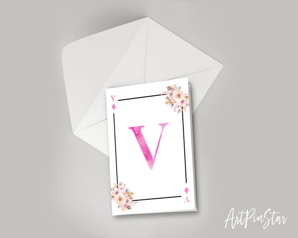Boho Floral Bouquet Initial Flower Letter V Diamond Monogram Note Cards
