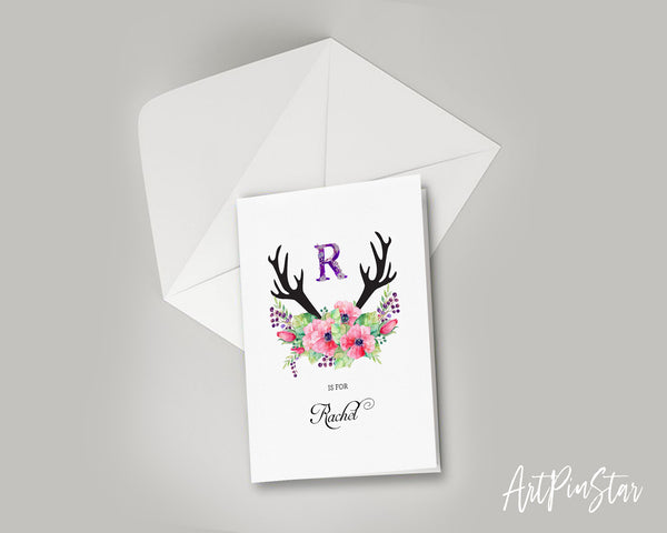 Initial Boho Floral Flower Personalized Letter R is for Name  Monogram Note Cards