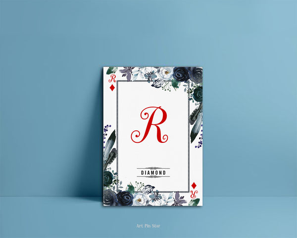 Watercolor Floral Flower Bouquet Initial Letter R Diamond Monogram Note Cards