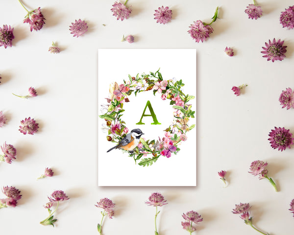 Alphabet Wreath Green Letter A Boho Floral Bird Monogram Note Cards