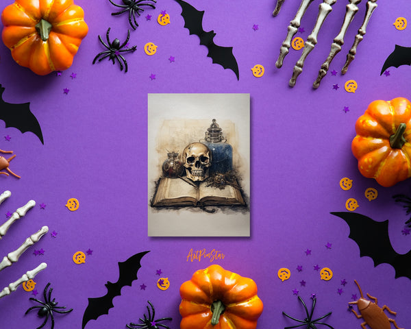 Vintage Halloween Skull Book Custom Holiday Greeting Card