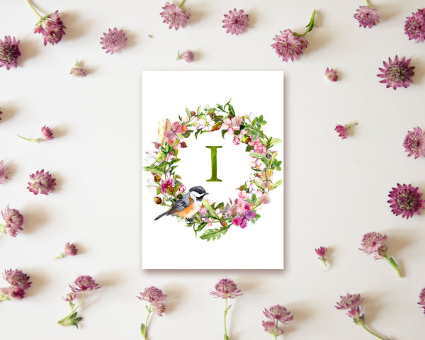 Alphabet Wreath Green Letter I Boho Floral Bird Monogram Note Cards
