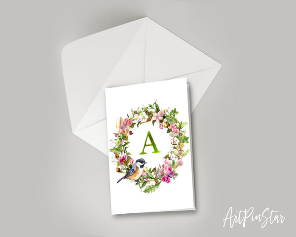 Alphabet Wreath Green Letter A Boho Floral Bird Monogram Note Cards
