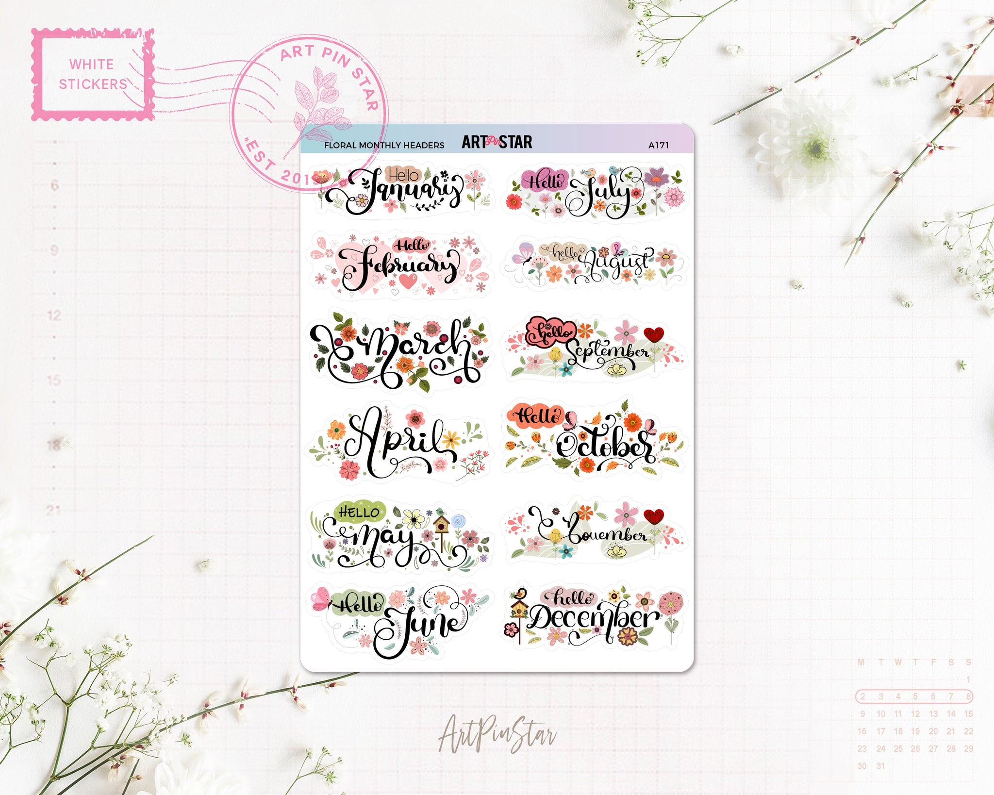 Floral Monthly Headers White Stickers