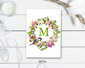Alphabet Wreath Green Letter M Boho Floral Bird Monogram Note Cards