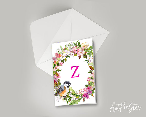 Alphabet Wreath Pink Letter Z Boho Floral Bird Monogram Note Cards
