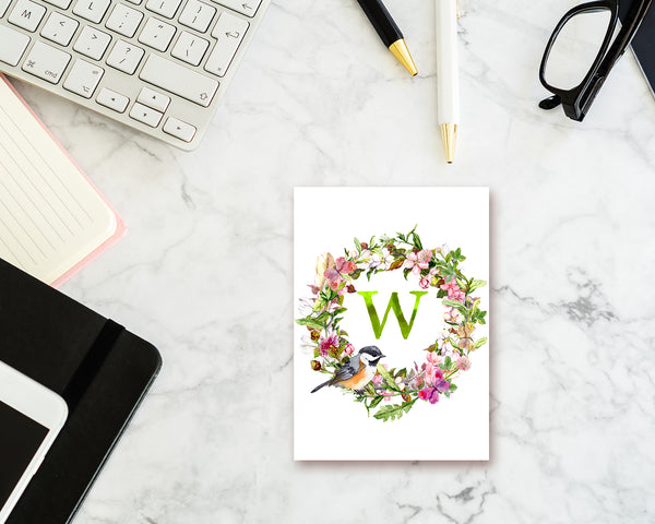 Alphabet Wreath Green Letter W Boho Floral Bird Monogram Note Cards