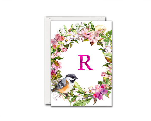 Alphabet Wreath Pink Letter R Boho Floral Bird Monogram Note Cards