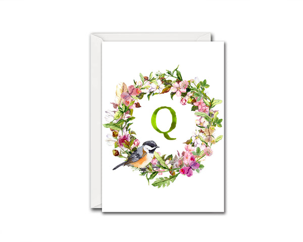Alphabet Wreath Green Letter Q Boho Floral Bird Monogram Note Cards