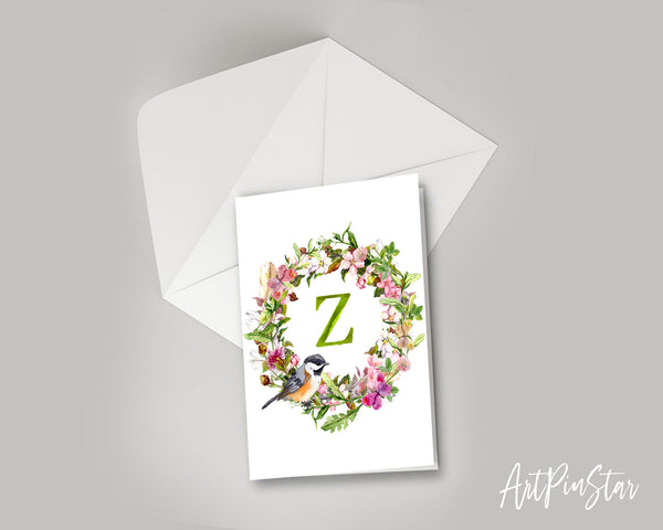 Alphabet Wreath Green Letter Z Boho Floral Bird Monogram Note Cards