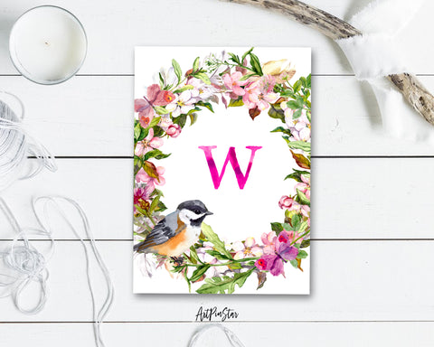 Alphabet Wreath Pink Letter W Boho Floral Bird Monogram Note Cards