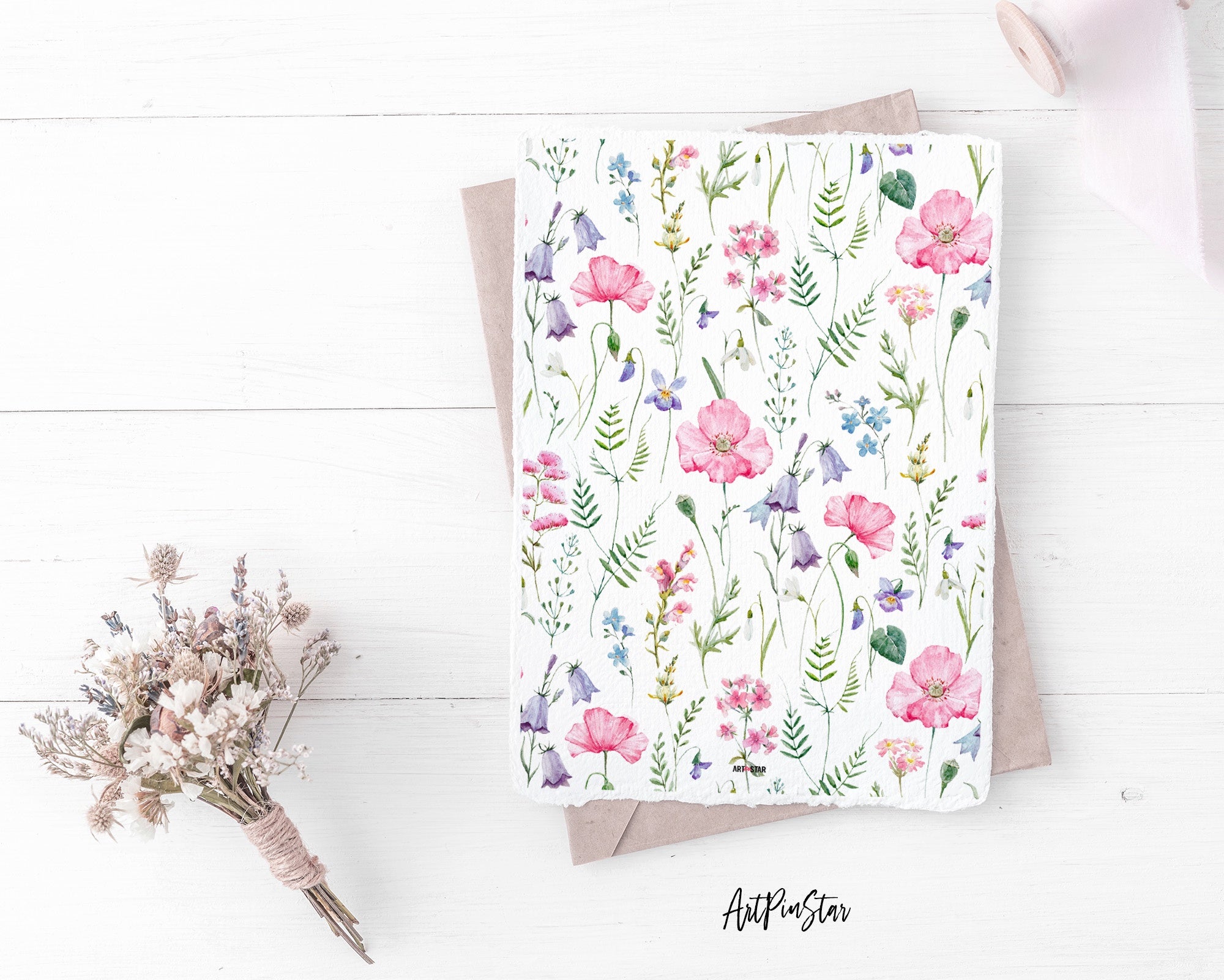 Wildflowers Pink Poppy Delphinium Green Leaves and Plants Spring Flower Personalized Vellum Dashboard, Pocket, 3.19" x 4.72"