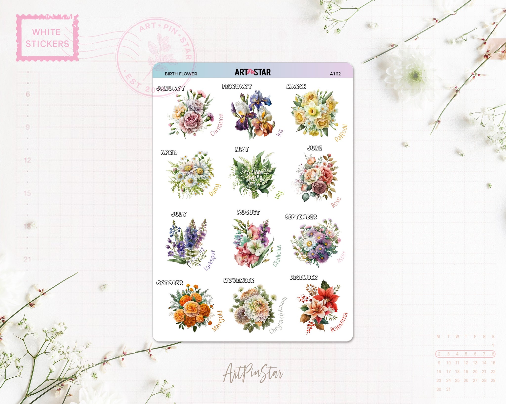 Birth Flowers White Stickers