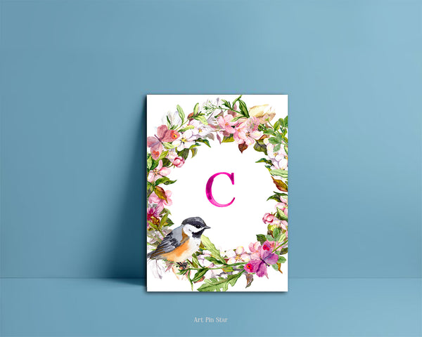 Alphabet Wreath Pink Letter C Boho Floral Bird Monogram Note Cards