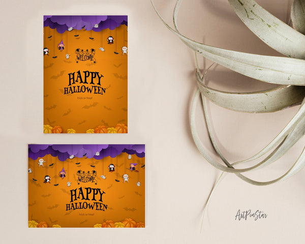 Halloween Trick or Treat with Purple Clouds Witch Vampire Ghost Bats Pumpkin Custom Holiday Greeting Card