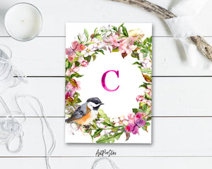 Alphabet Wreath Pink Letter C Boho Floral Bird Monogram Note Cards