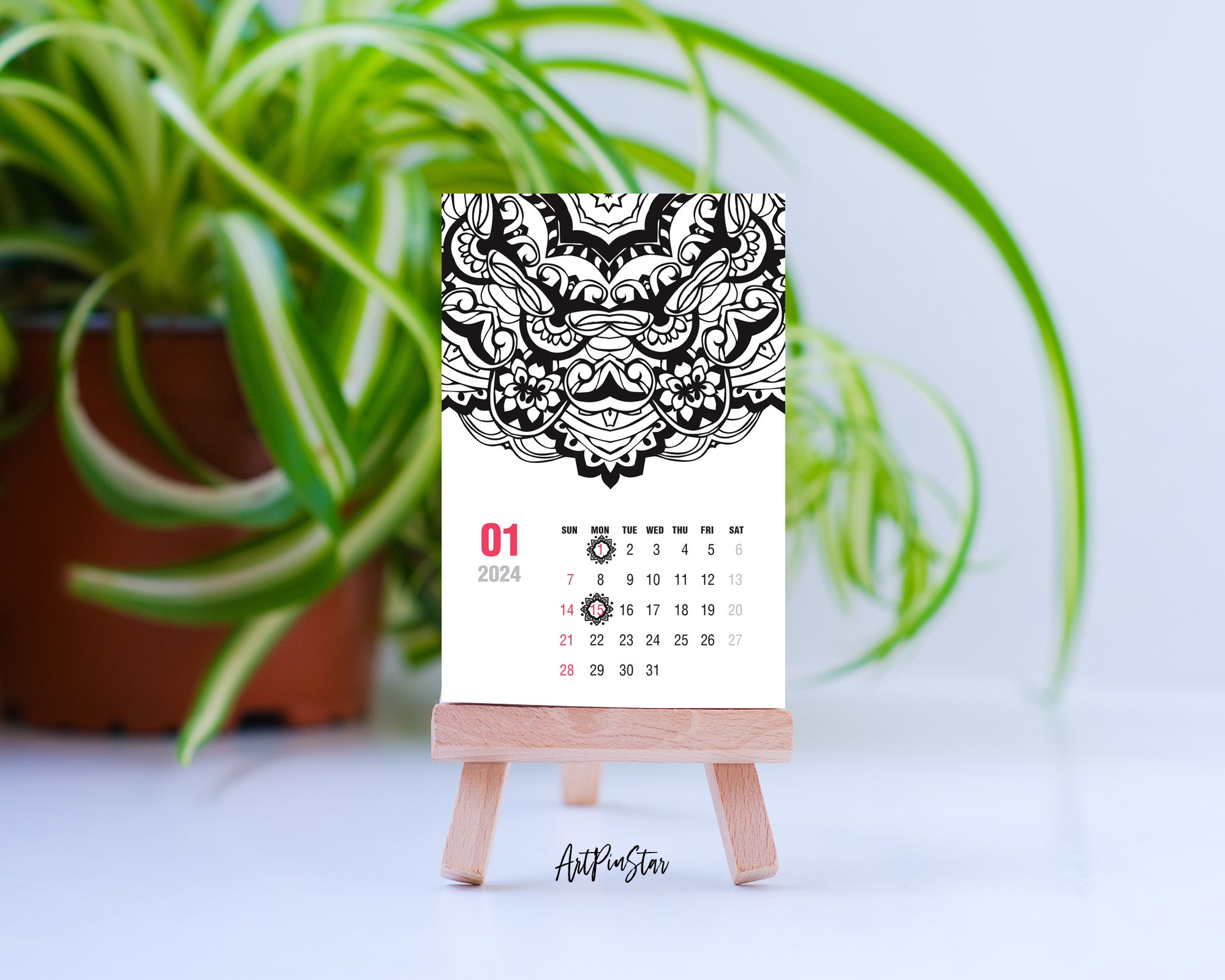 2024 Desk Calendar Ornament mandala Customizable Wooden Mini Easel Stand Art Display Holder