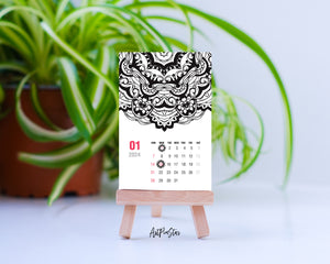 2024 Desk Calendar Ornament mandala Customizable Wooden Mini Easel Stand Art Display Holder