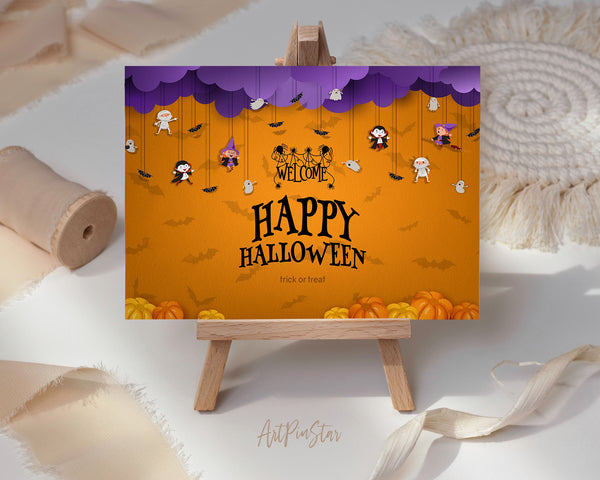 Halloween Trick or Treat with Purple Clouds Witch Vampire Ghost Bats Pumpkin Custom Holiday Greeting Card