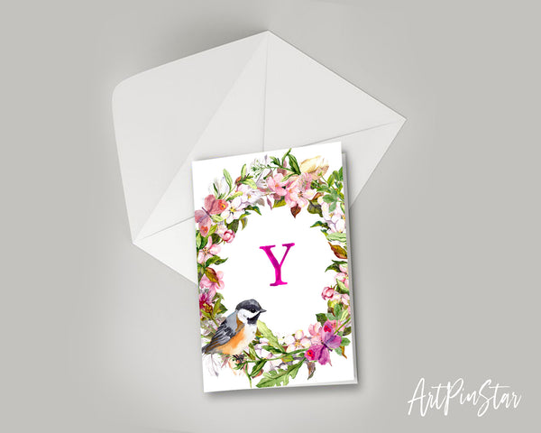 Alphabet Wreath Pink Letter Y Boho Floral Bird Monogram Note Cards