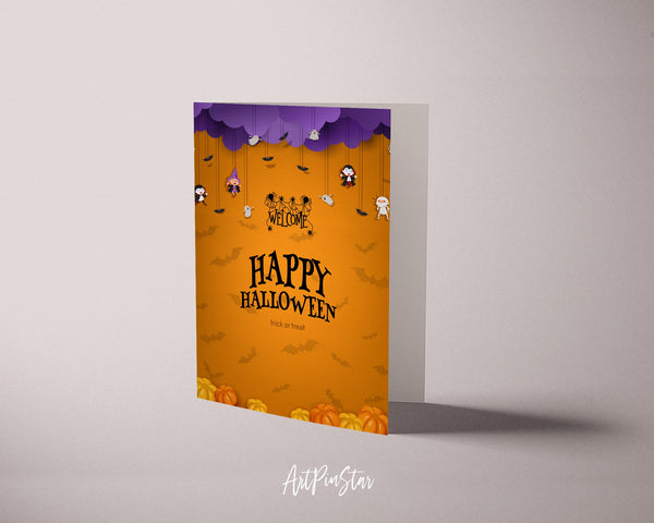 Halloween Trick or Treat with Purple Clouds Witch Vampire Ghost Bats Pumpkin Custom Holiday Greeting Card