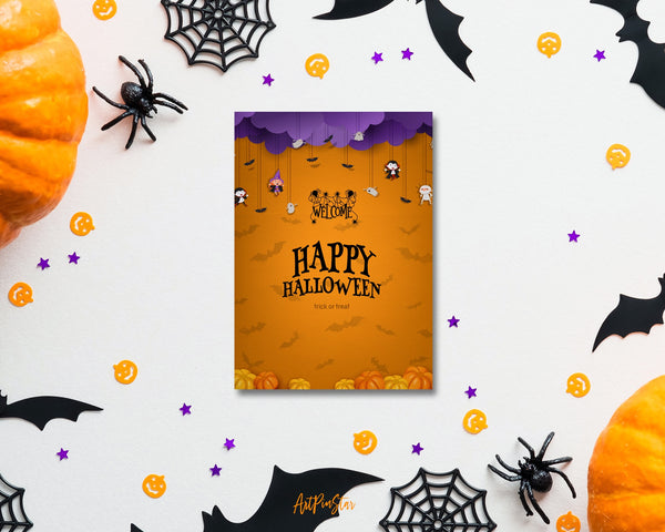 Halloween Trick or Treat with Purple Clouds Witch Vampire Ghost Bats Pumpkin Custom Holiday Greeting Card