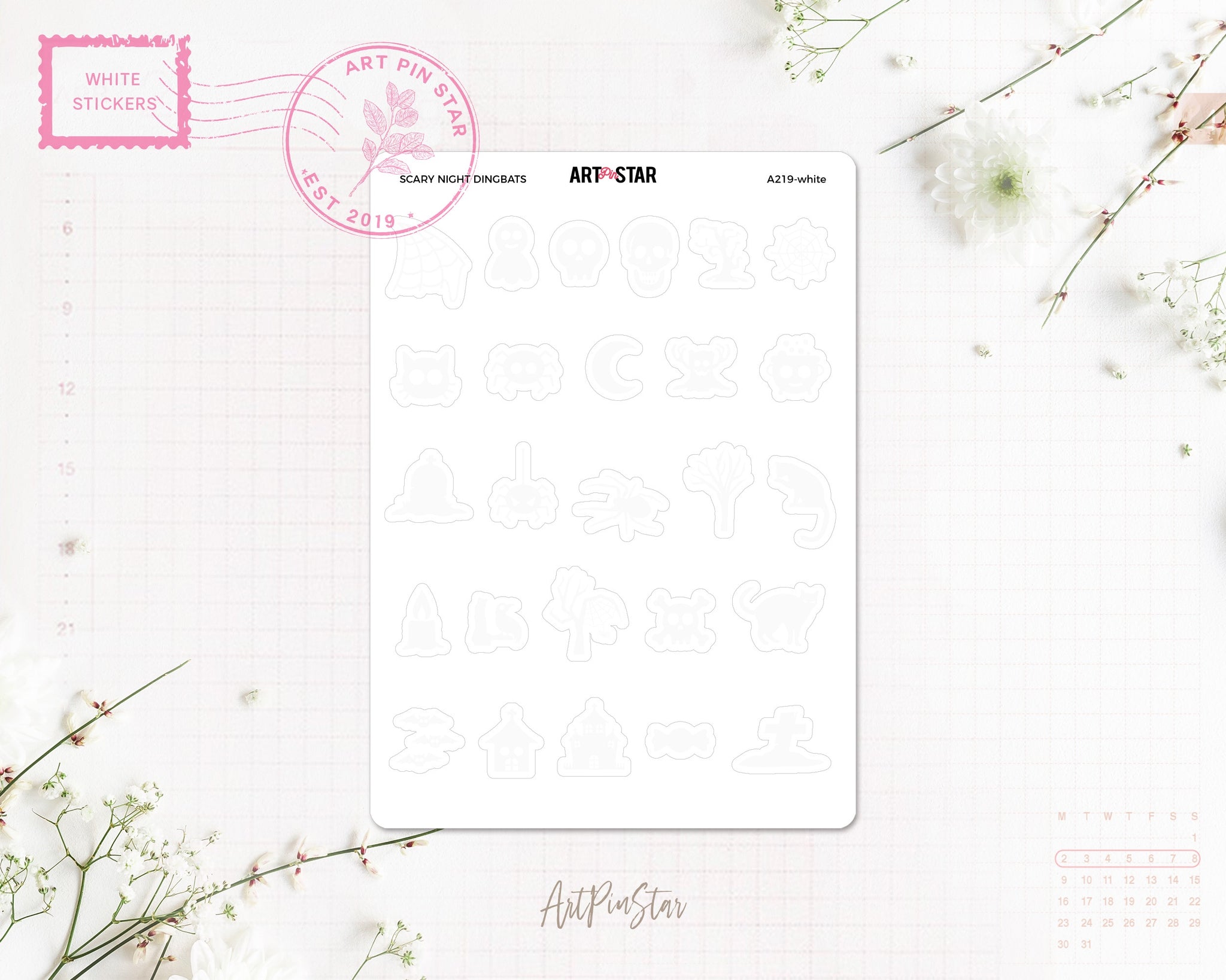 Scary Night Dingbats White Stickers