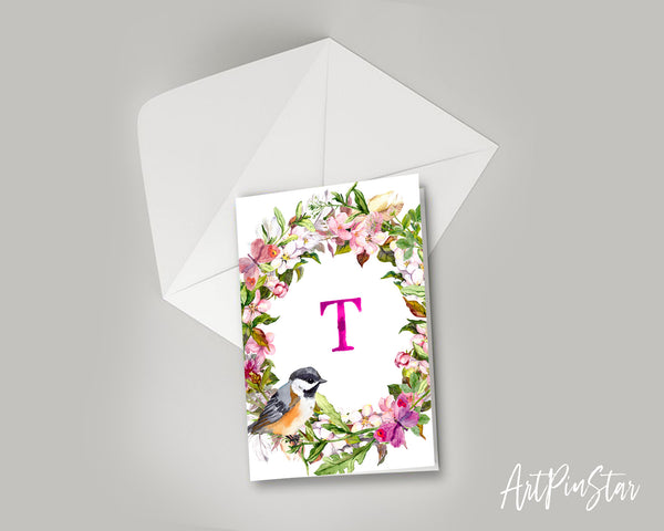 Alphabet Wreath Pink Letter T Boho Floral Bird Monogram Note Cards