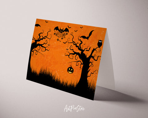 Halloween Pumpkin Bat Welcome Custom Holiday Greeting Card