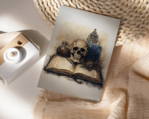 Vintage Halloween Skull Book Custom Holiday Greeting Card