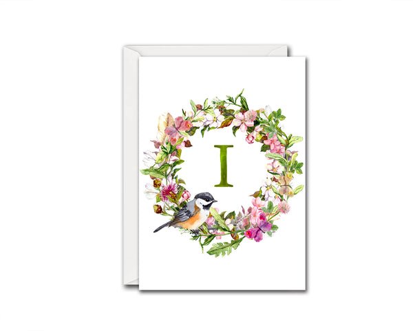Alphabet Wreath Green Letter I Boho Floral Bird Monogram Note Cards
