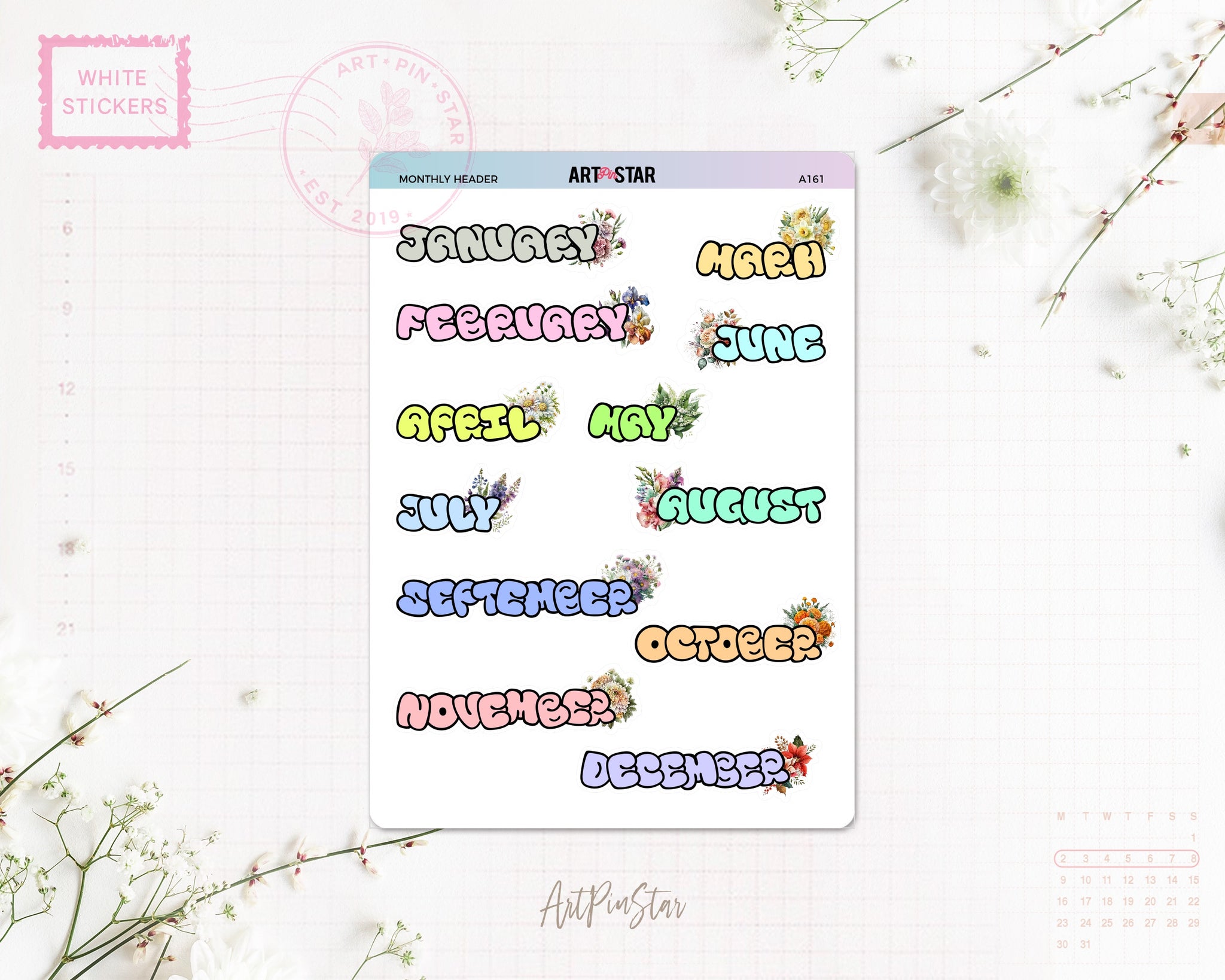 Monthly Header A5 White Stickers