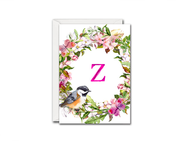 Alphabet Wreath Pink Letter Z Boho Floral Bird Monogram Note Cards