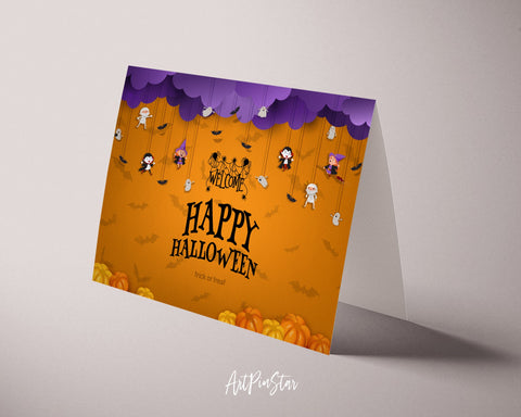 Halloween Trick or Treat with Purple Clouds Witch Vampire Ghost Bats Pumpkin Custom Holiday Greeting Card