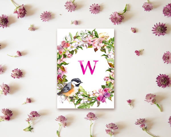 Alphabet Wreath Pink Letter W Boho Floral Bird Monogram Note Cards
