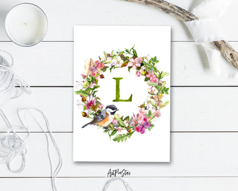 Alphabet Wreath Green Letter L Boho Floral Bird Monogram Note Cards
