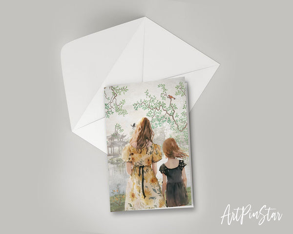 Mom and Child with Tree by the Lake Mother's Day Greeting Cards