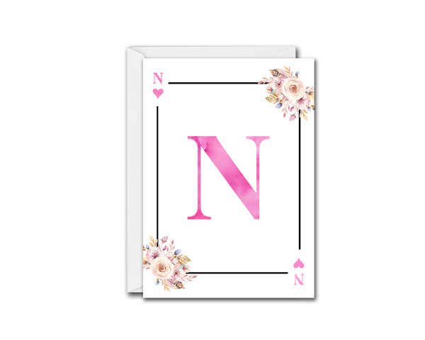 Boho Floral Bouquet Initial Flower Letter N Heart Monogram Note Cards