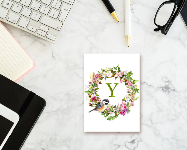 Alphabet Wreath Green Letter Y Boho Floral bird Monogram Note Cards