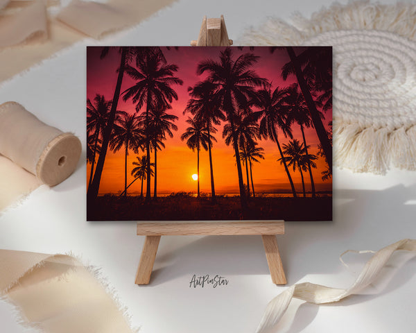 Coconut Palm Trees Silhouettes on Beach at Sunset Landscape Custom Greeting Cards