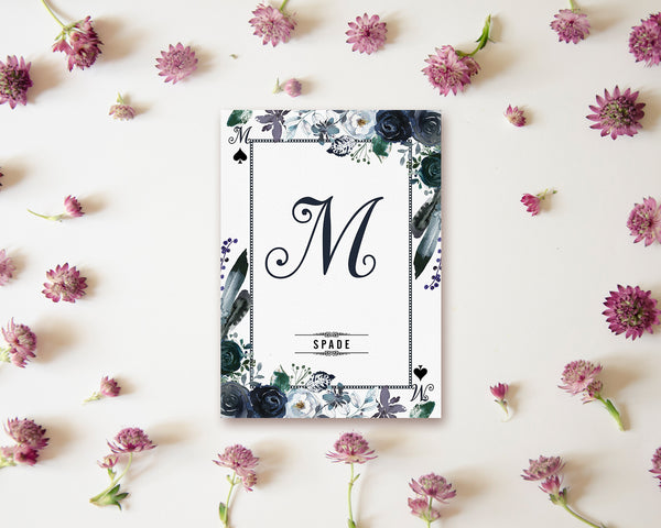 Watercolor Floral Flower Bouquet Initial Letter M Spade Monogram Note Cards