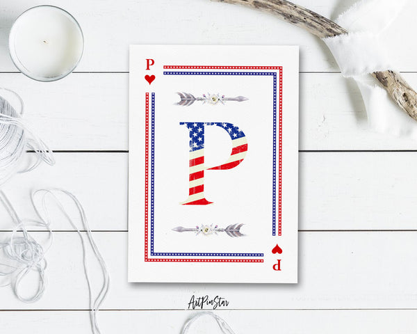American Flag Letter P Heart Monogram Note Cards