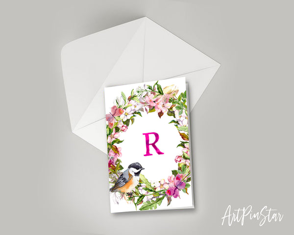 Alphabet Wreath Pink Letter R Boho Floral bird Monogram Note Cards