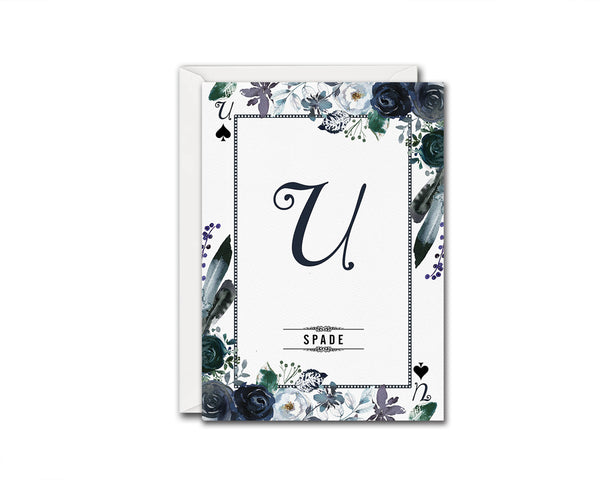Watercolor Floral Flower Bouquet Initial Letter U Spade Monogram Note Cards