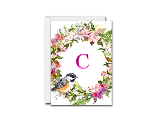 Alphabet Wreath Pink Letter C Boho Floral bird Monogram Note Cards